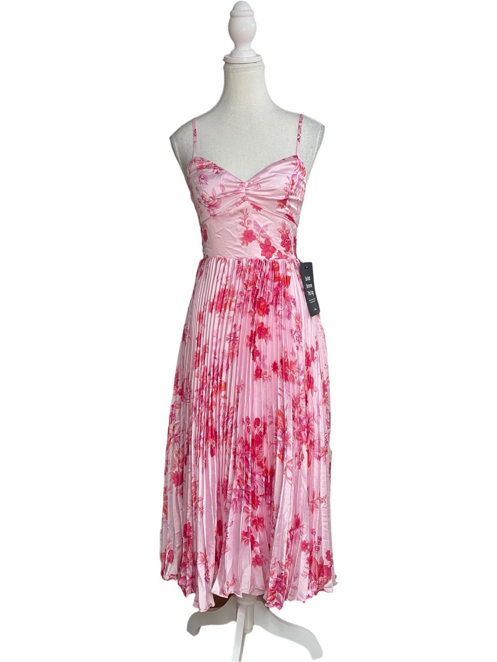 Lulus Francette Satin Pleated Spaghetti Strap Midi Dress Pink Floral